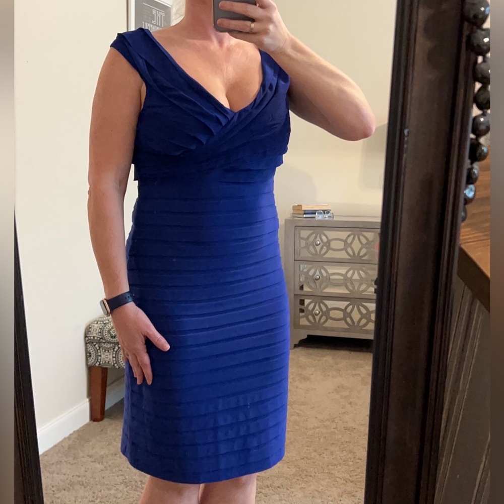 Blue Adrianna Papell Dress with pleated detail and v neckline